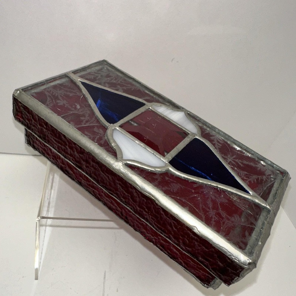 Vintage Leaded Stained Glass Trinket Jewelry Box Red White Blue 7 X 3.5 X 2"